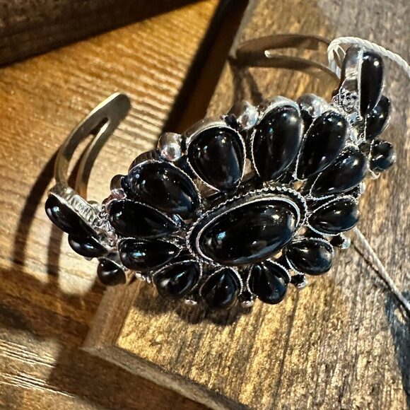 Handmade Boho Black Gemstone Open Cuff Bangle Bracelet, Gift Box - Picture 2 of 4